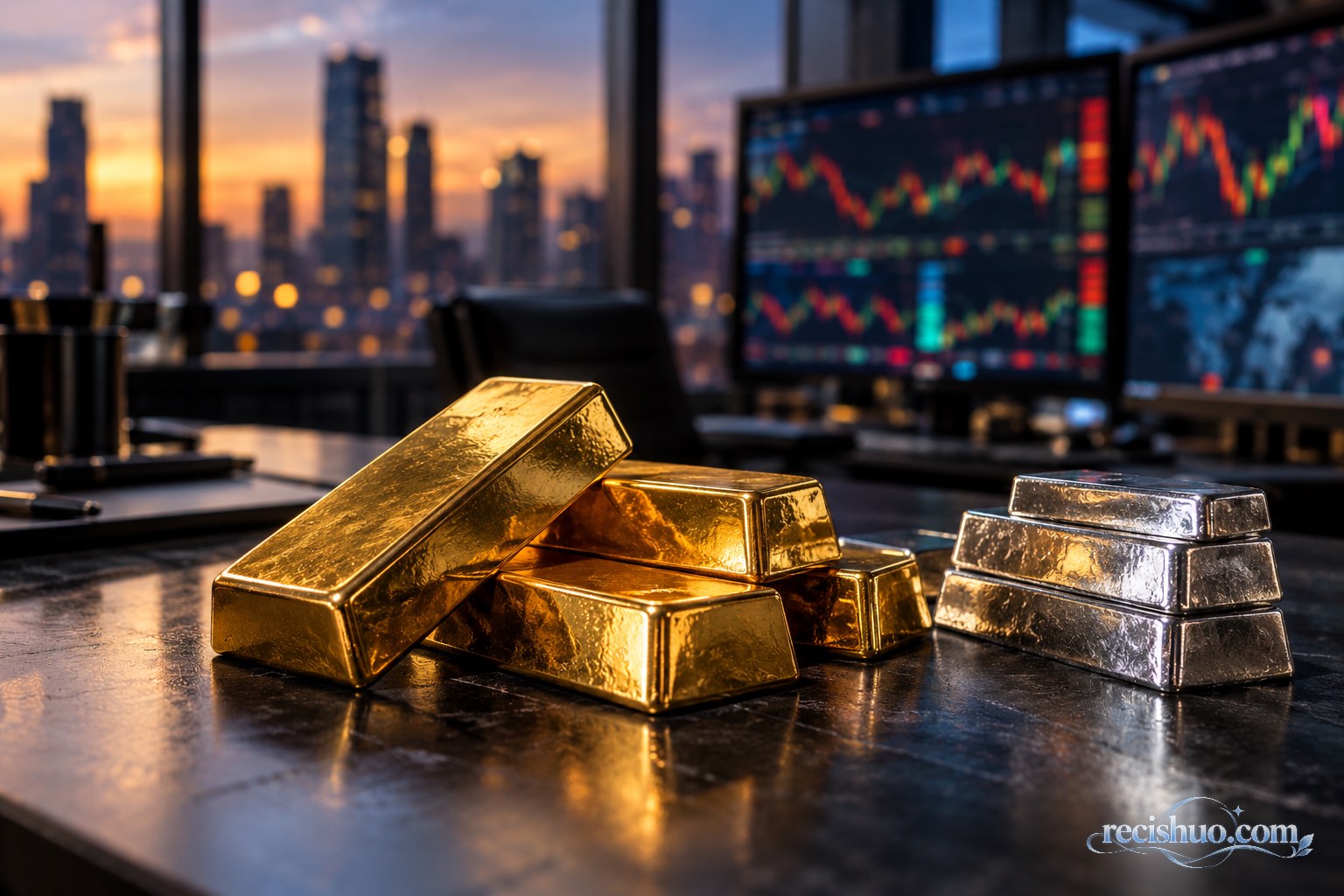 金条与银锭置于金融交易桌前,背景光影呈现贵金属市场剧烈波动