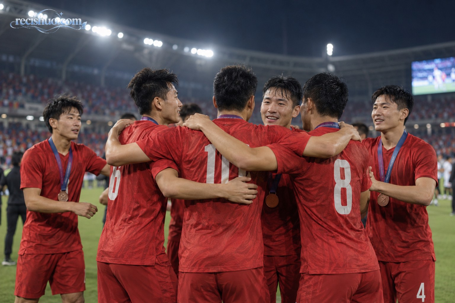 身穿红色球衣的中国男子足球队员在夜间球场佩戴铜牌相互拥抱庆祝