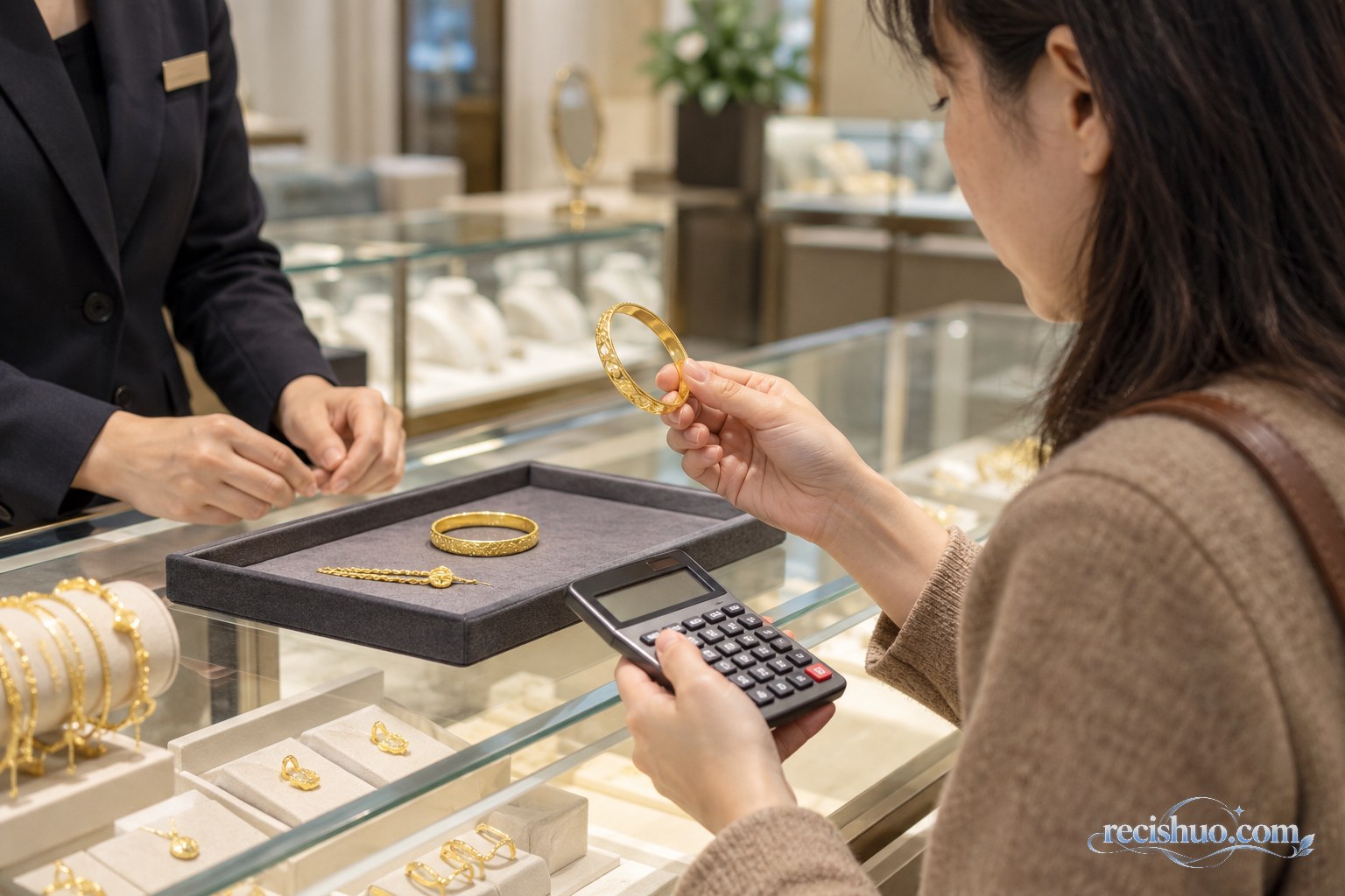 消费者在珠宝柜台前使用计算器比较金手镯价格