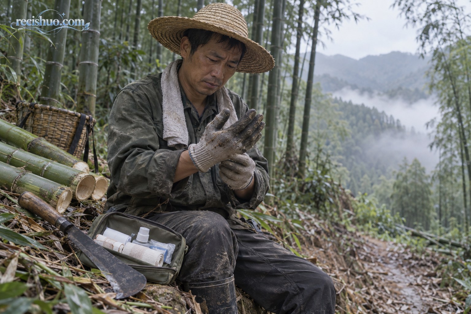 毛竹林中一名劳作者戴着手套检查手掌,身旁放有砍竹工具和急救包