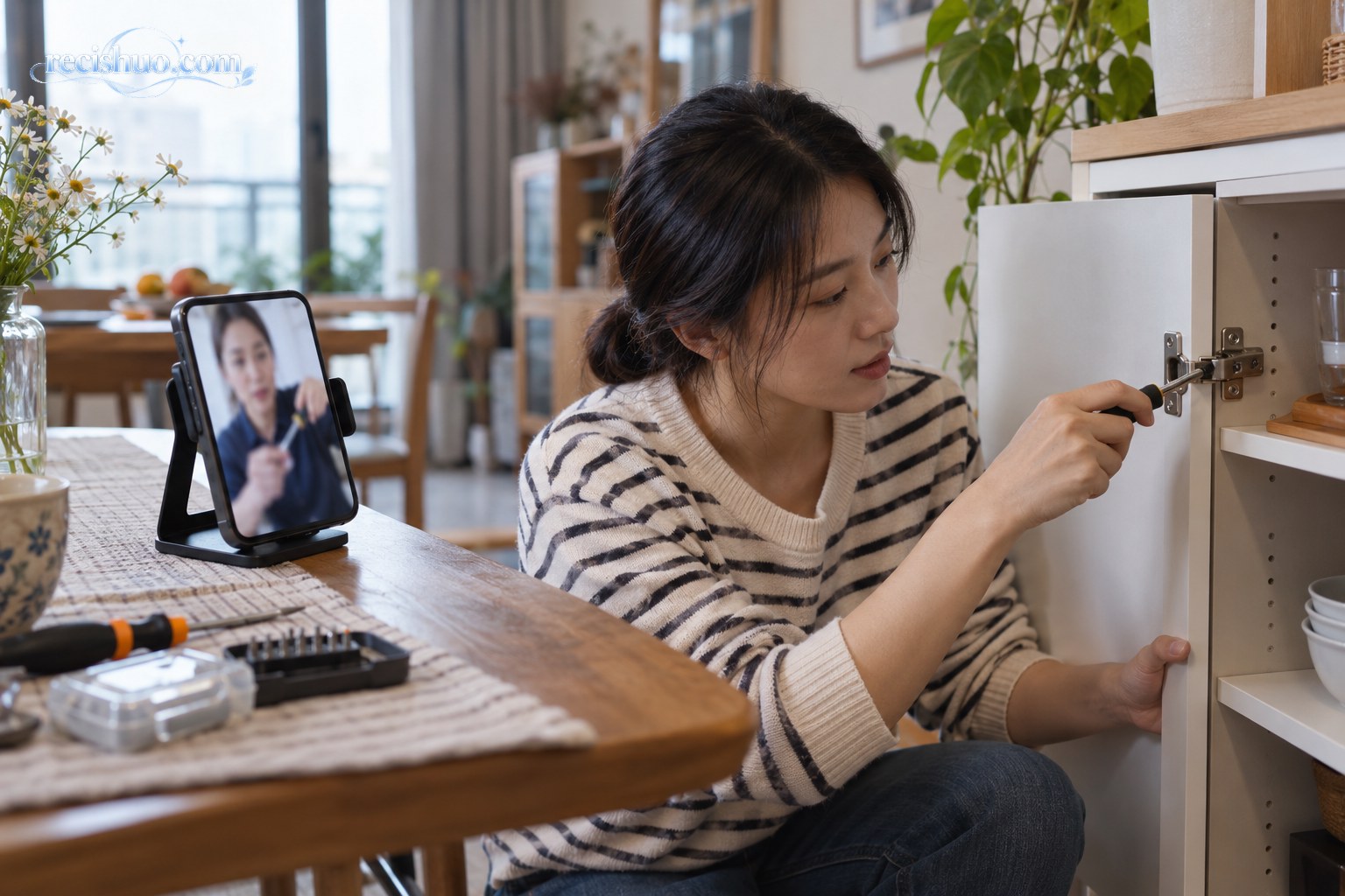 女性住户通过视频指导紧固柜门铰链螺丝