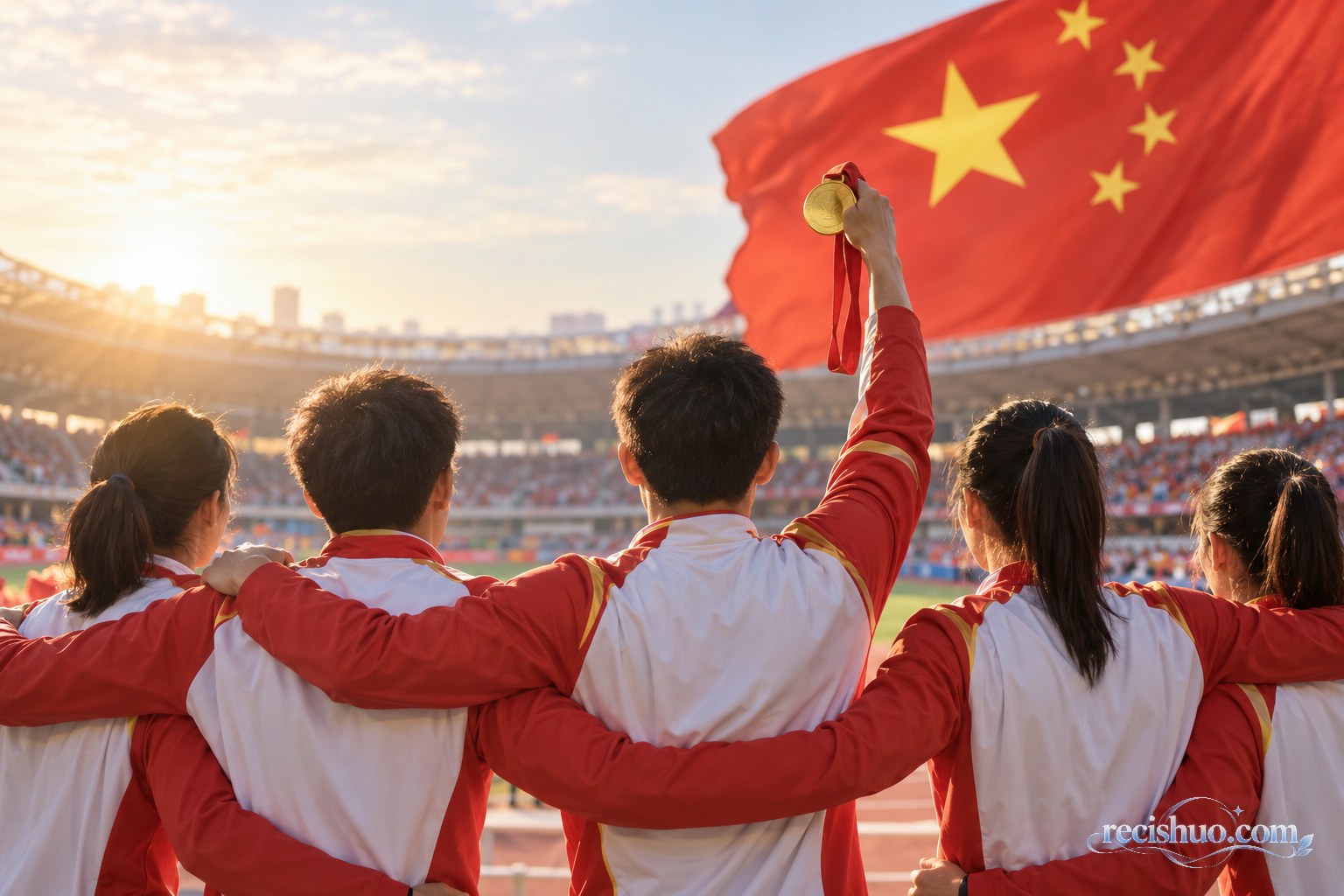 晨光中的体育场内,多名运动员并肩举起金色奖牌,身后五星红旗迎风舒展