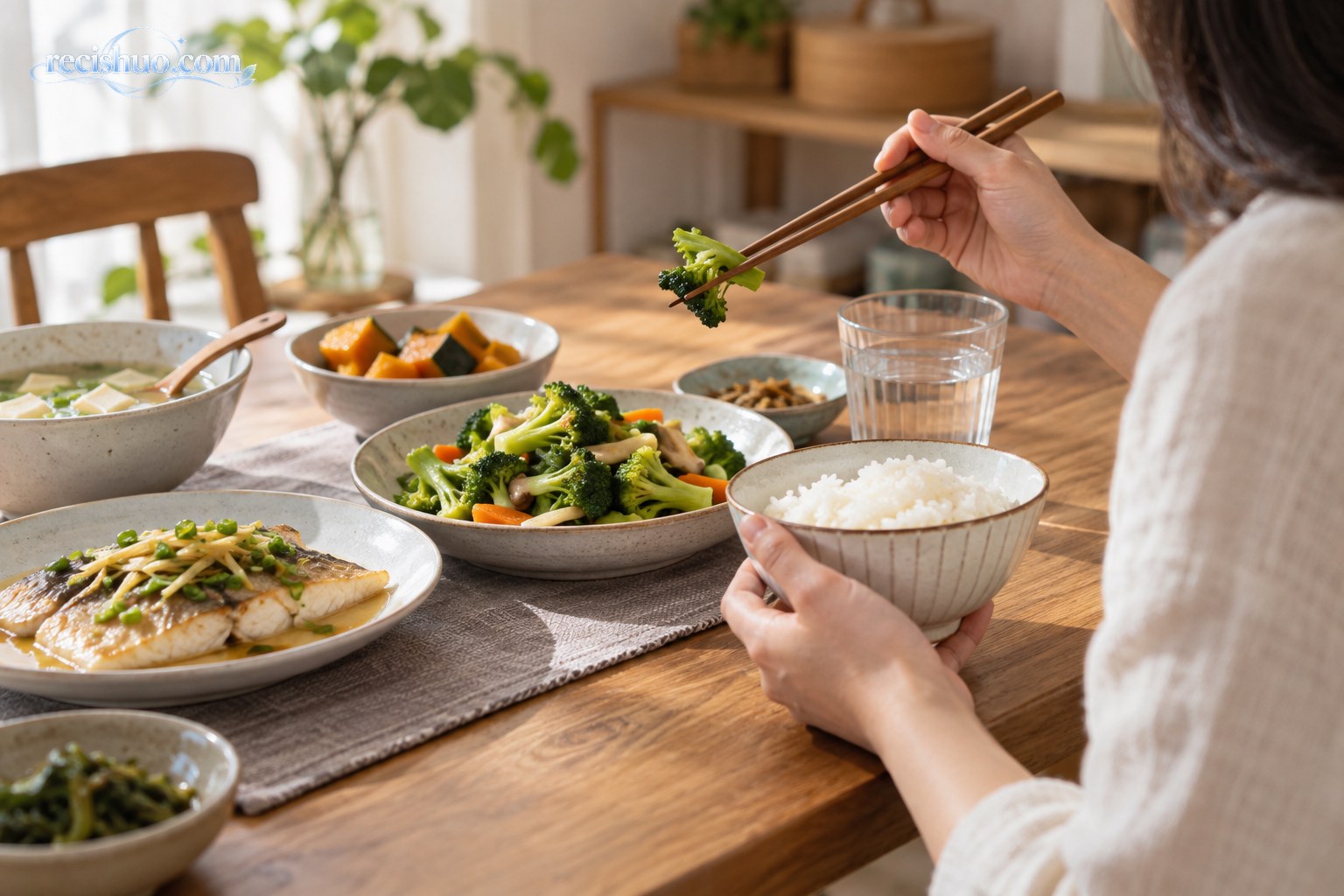 食客在自然光下品尝清淡家常菜,餐桌上摆有蔬菜、鱼、米饭和温水
