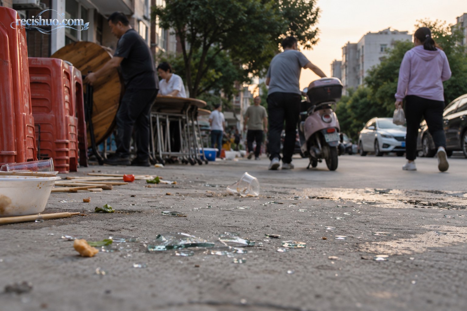 宴席散场后的道路上遗留餐饮垃圾和玻璃碎片,行人与电动车从旁经过