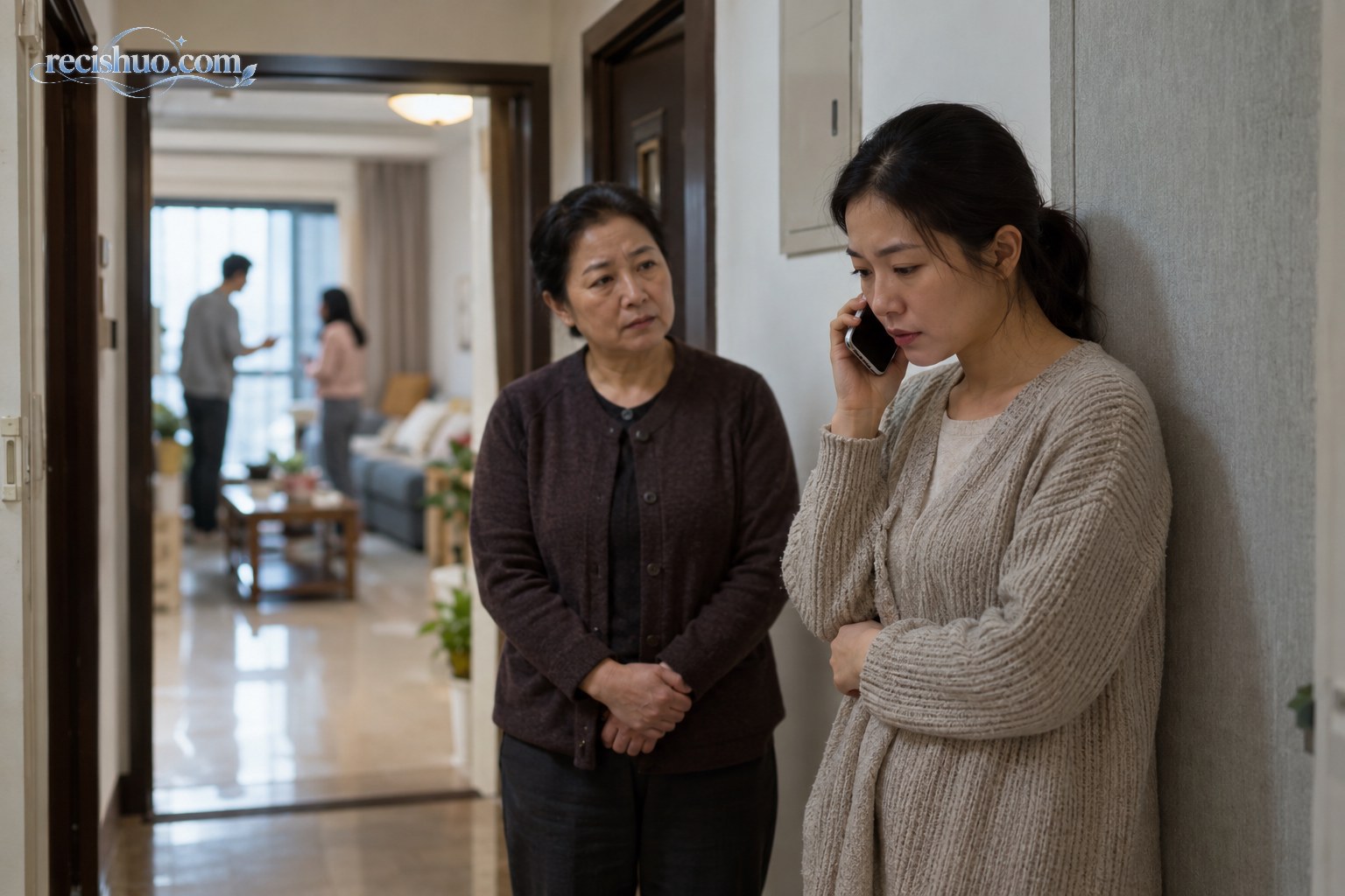 发生家庭冲突后,一名成年女性离开房间并用手机联系可信赖的人求助