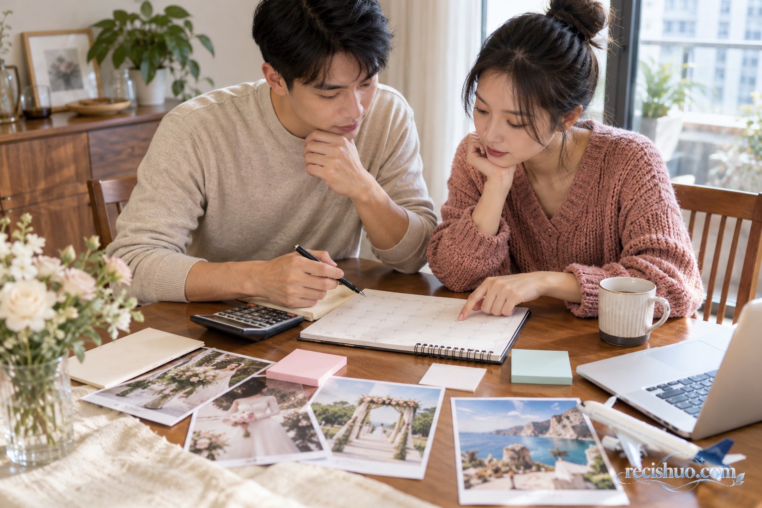 年轻伴侣在家中共同核算婚礼预算并选择日期