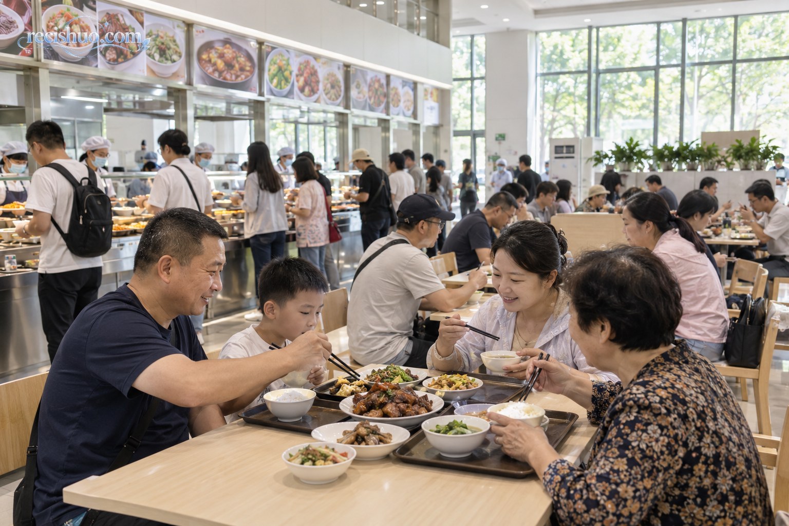 国庆假期游客在明亮整洁的机关食堂内有序就餐