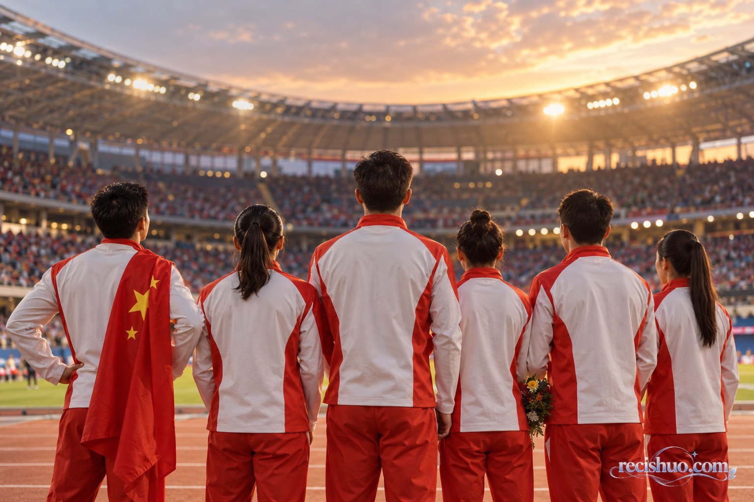 中国运动员身穿红白运动服并肩站在夕阳下的体育场内
