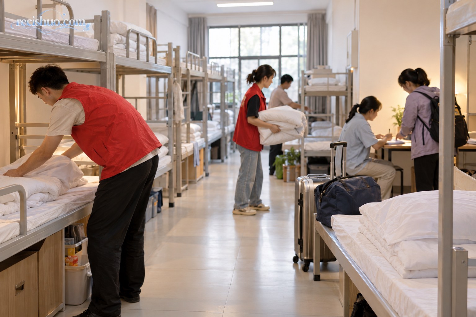 学校宿舍临时安置点内工作人员整理被褥并协助游客登记示意画面