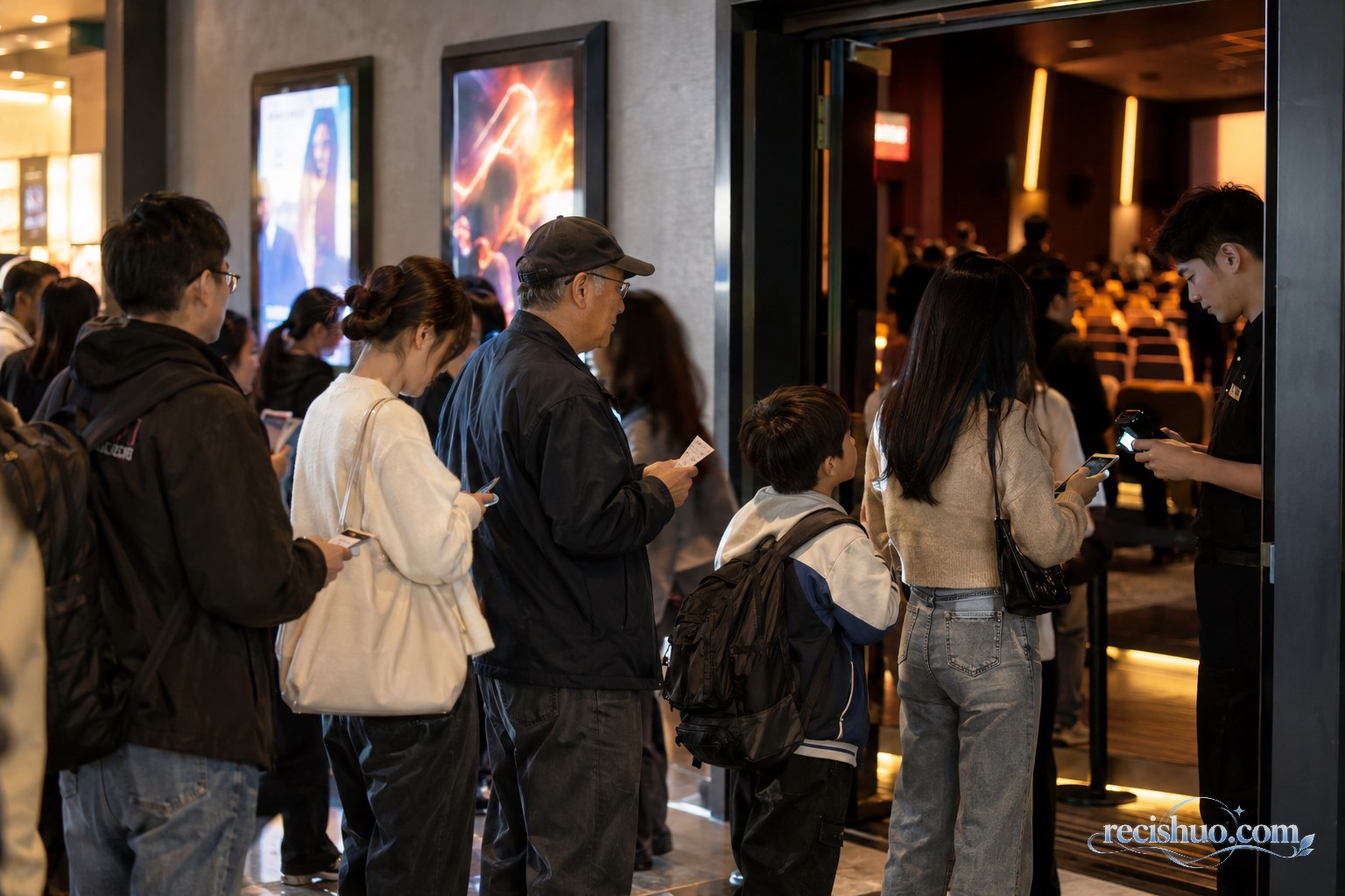 不同年龄的观众在现代电影院入口排队检票入场