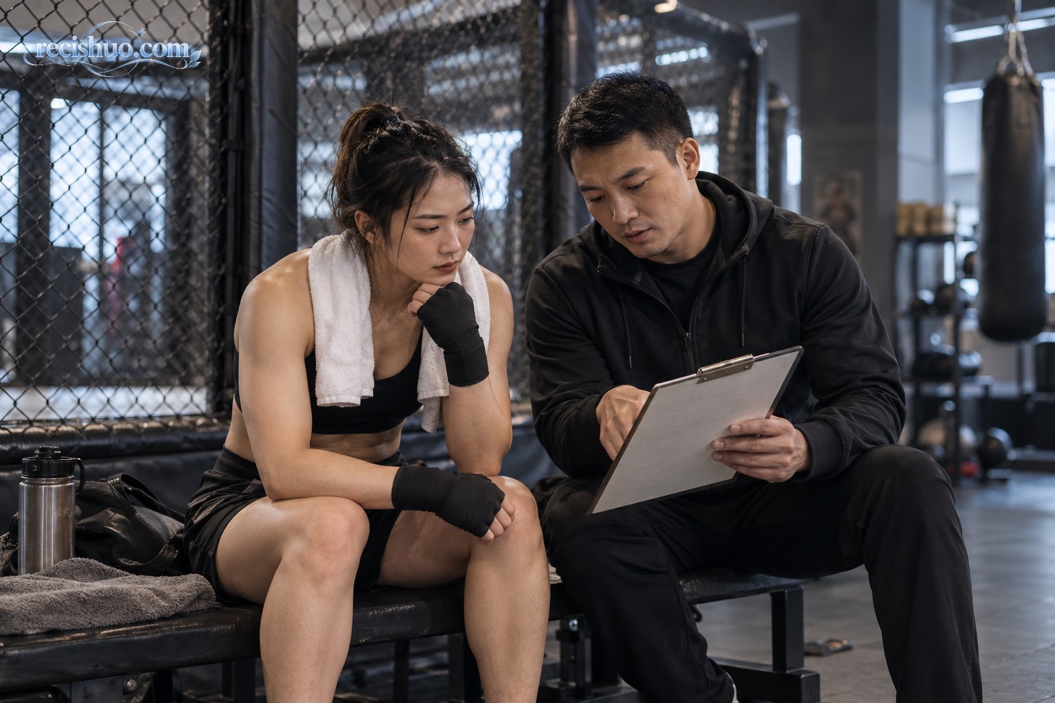 女子综合格斗运动员与教练在训练馆内查看战术板并复盘比赛