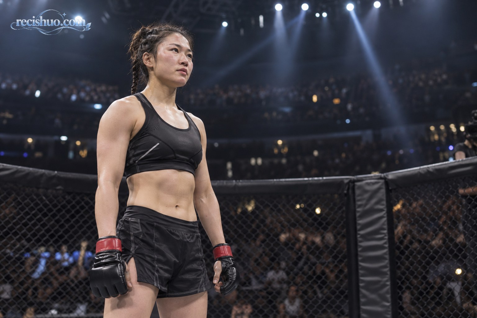 一名女子综合格斗运动员在八角笼内沉静站立,展现经历艰难比赛后的坚韧状态