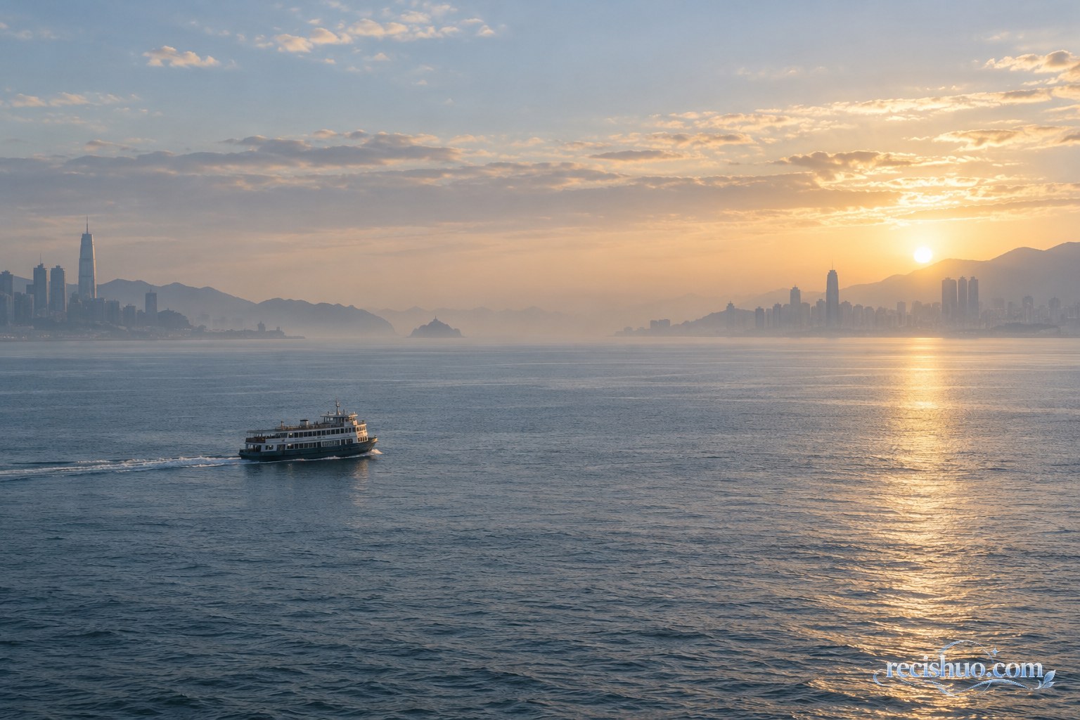 晨光下的平静海峡与驶向远方城市的民用渡船