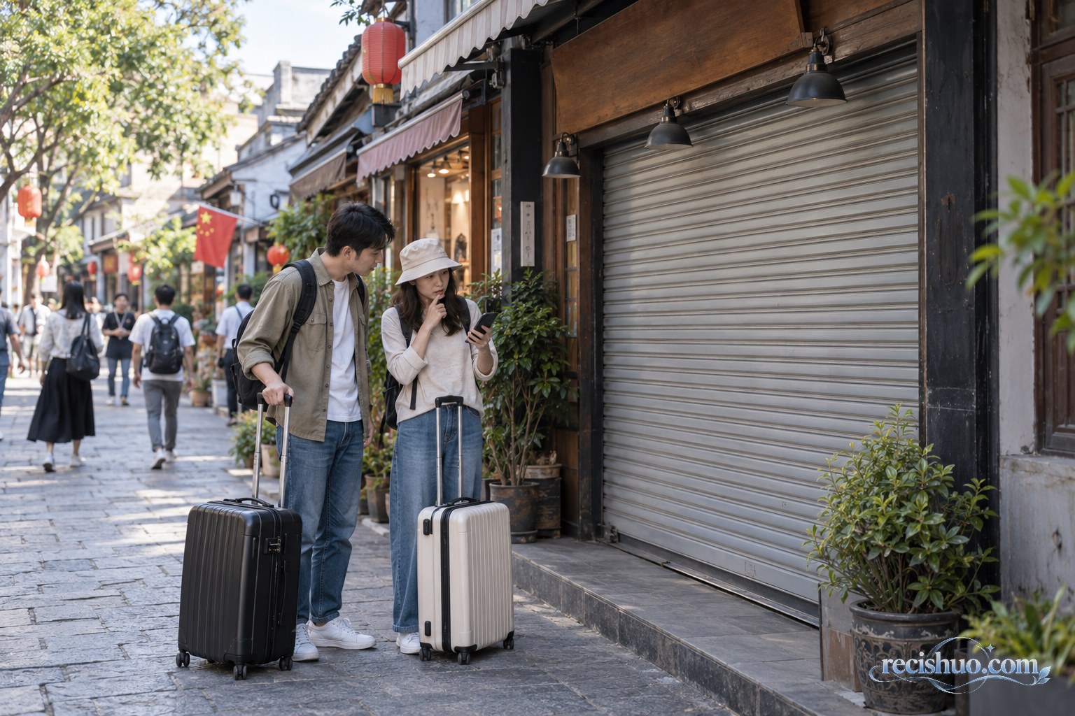 两名游客抵达街区后发现计划探访的店铺没有营业
