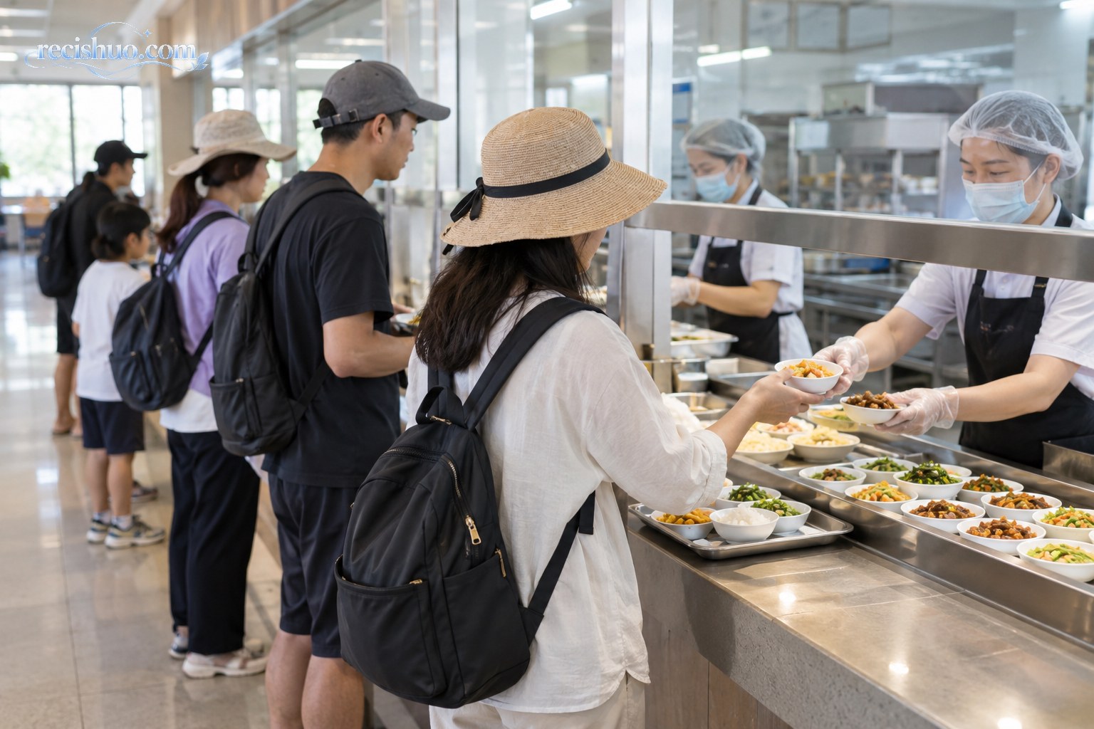 游客在开放食堂窗口前排队领取小碗菜