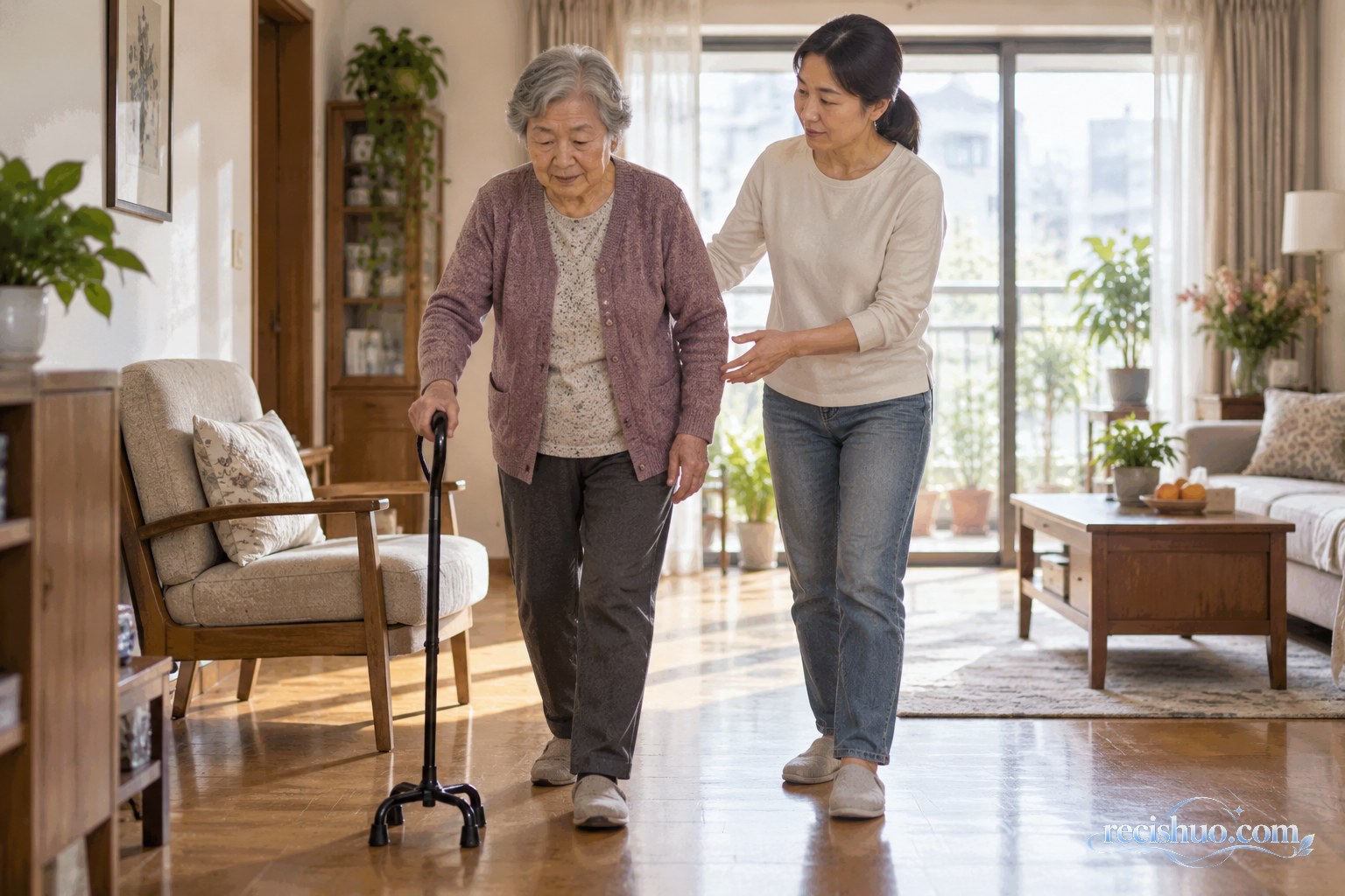 老年女性在儿媳侧后方保护下使用四脚手杖练习居家行走