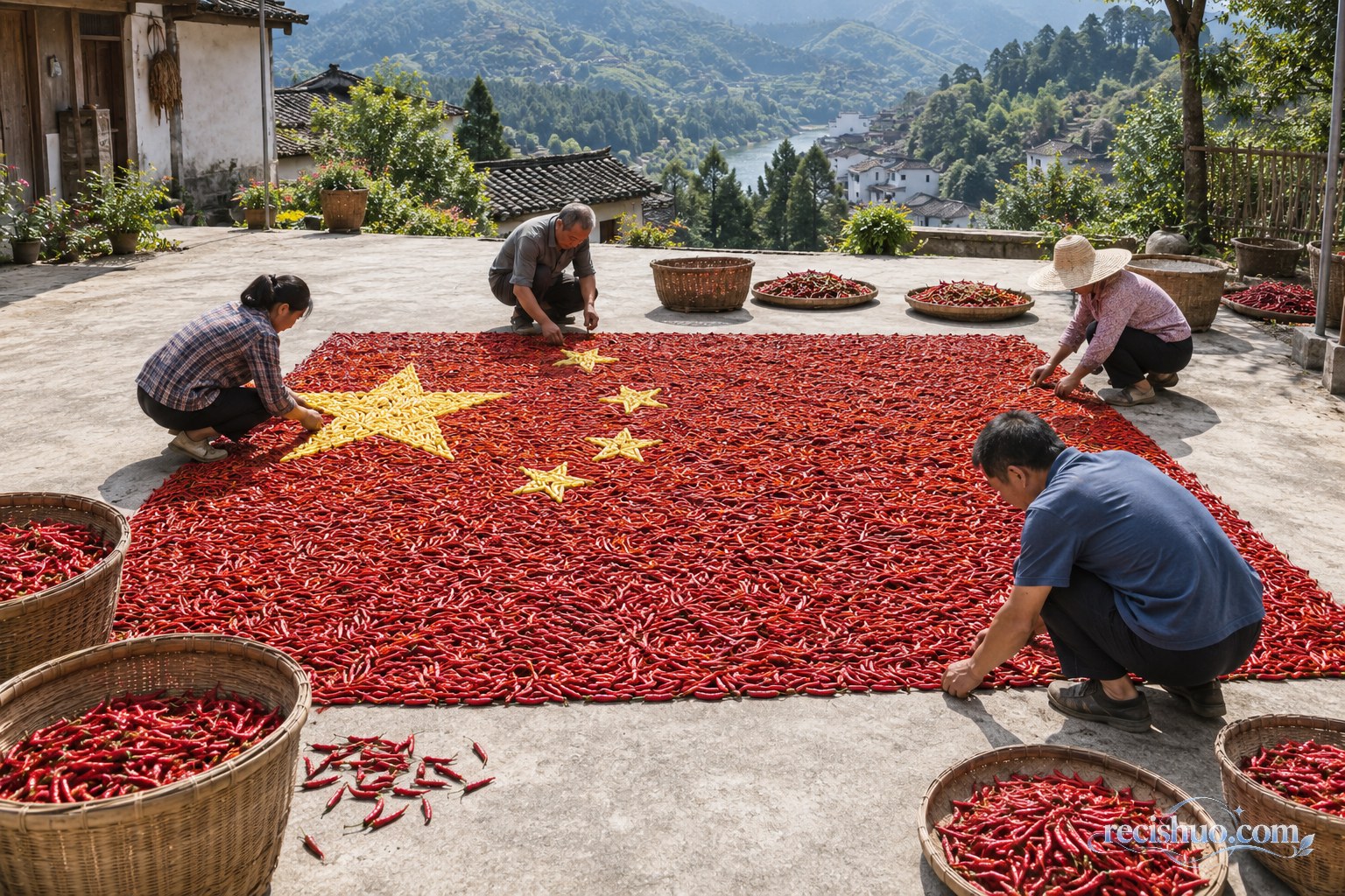 四位村民在乡村院落协作摆放辣椒国旗的场景