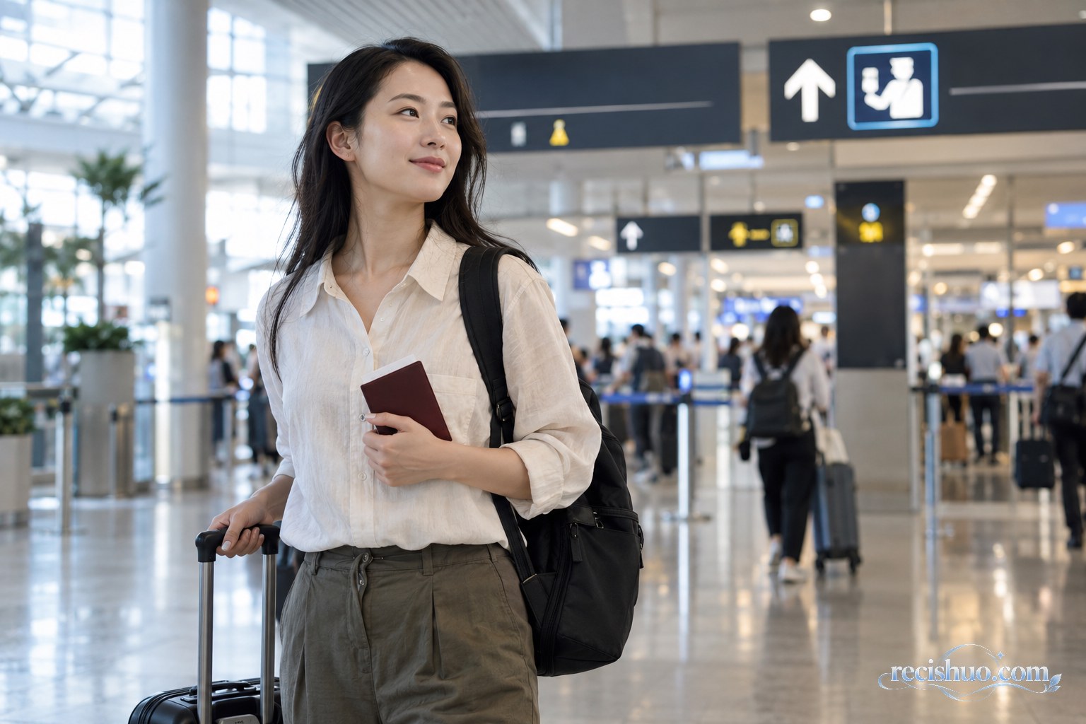 旅客手持证件夹和行李箱走在明亮的机场到达大厅