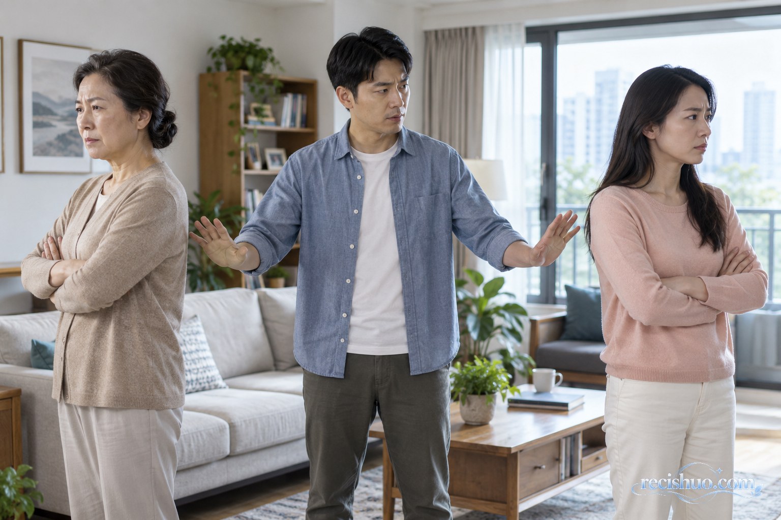 家庭争执后两名成年女性保持距离,一名家人站在中间劝阻