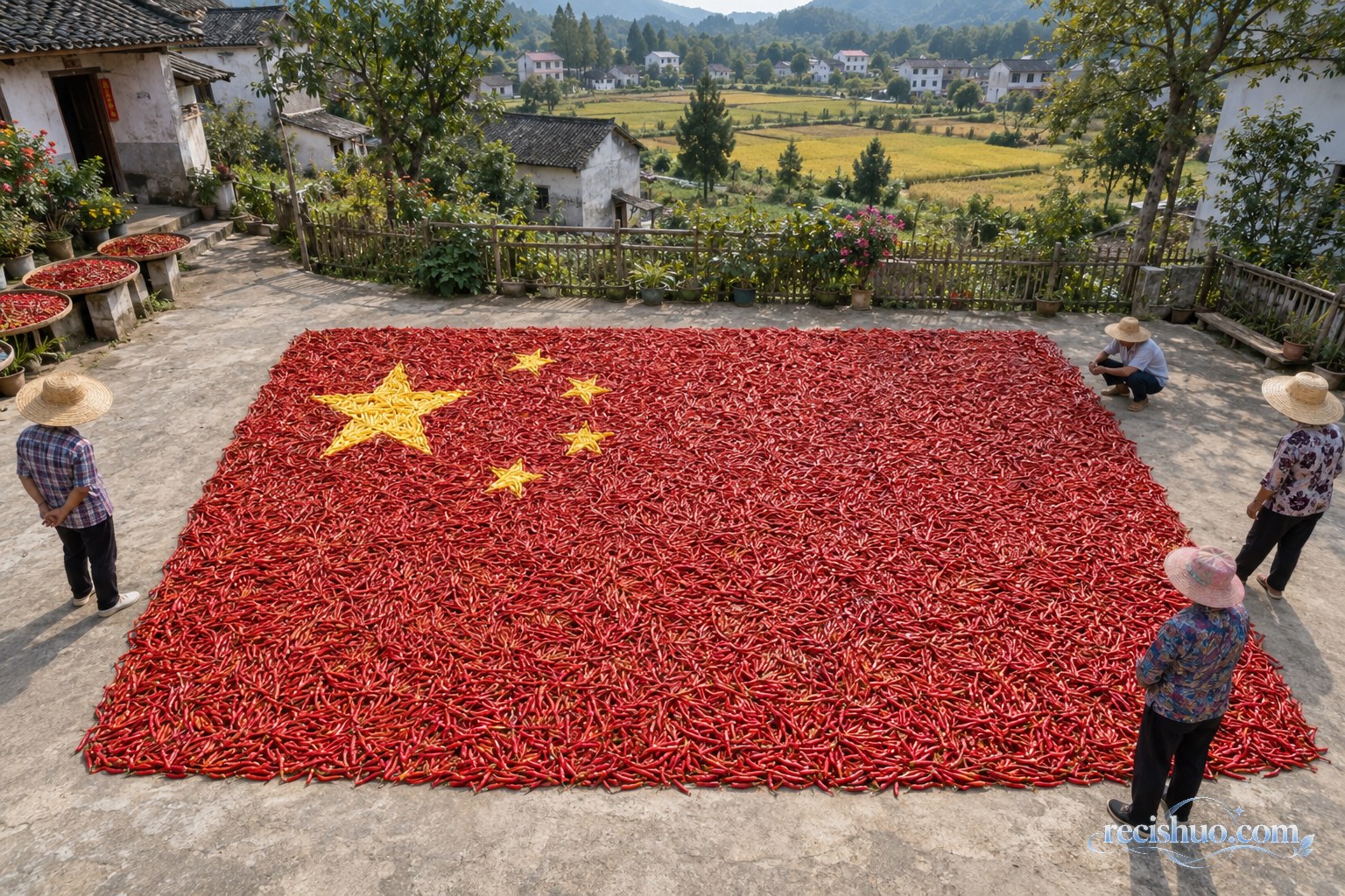 江西乡村院落里由红黄辣椒拼成的国旗及观看作品的村民