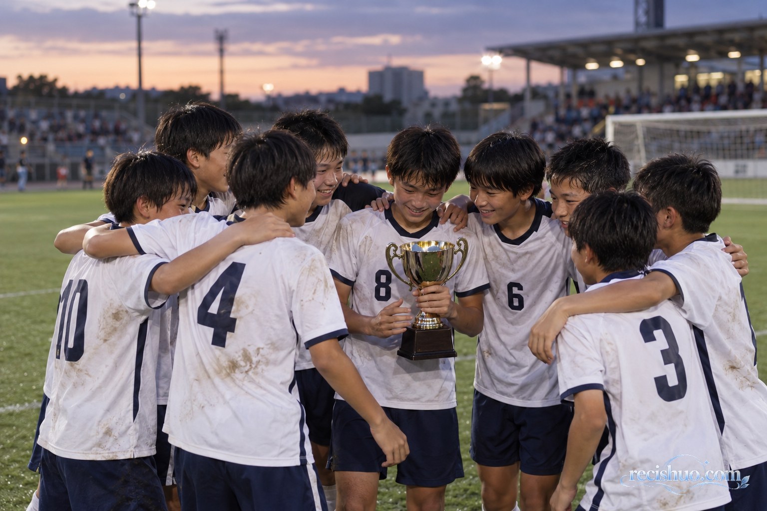 青少年足球队员在暮色中的球场围成一圈分享冠军奖杯