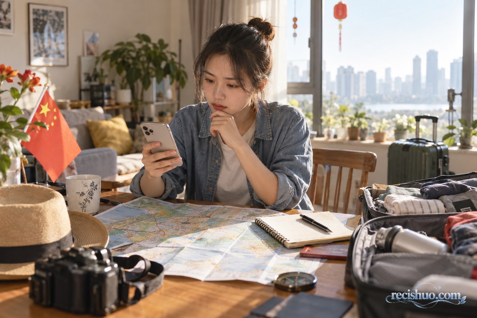 年轻游客出发前在家中对照手机、地图和笔记核查旅行计划