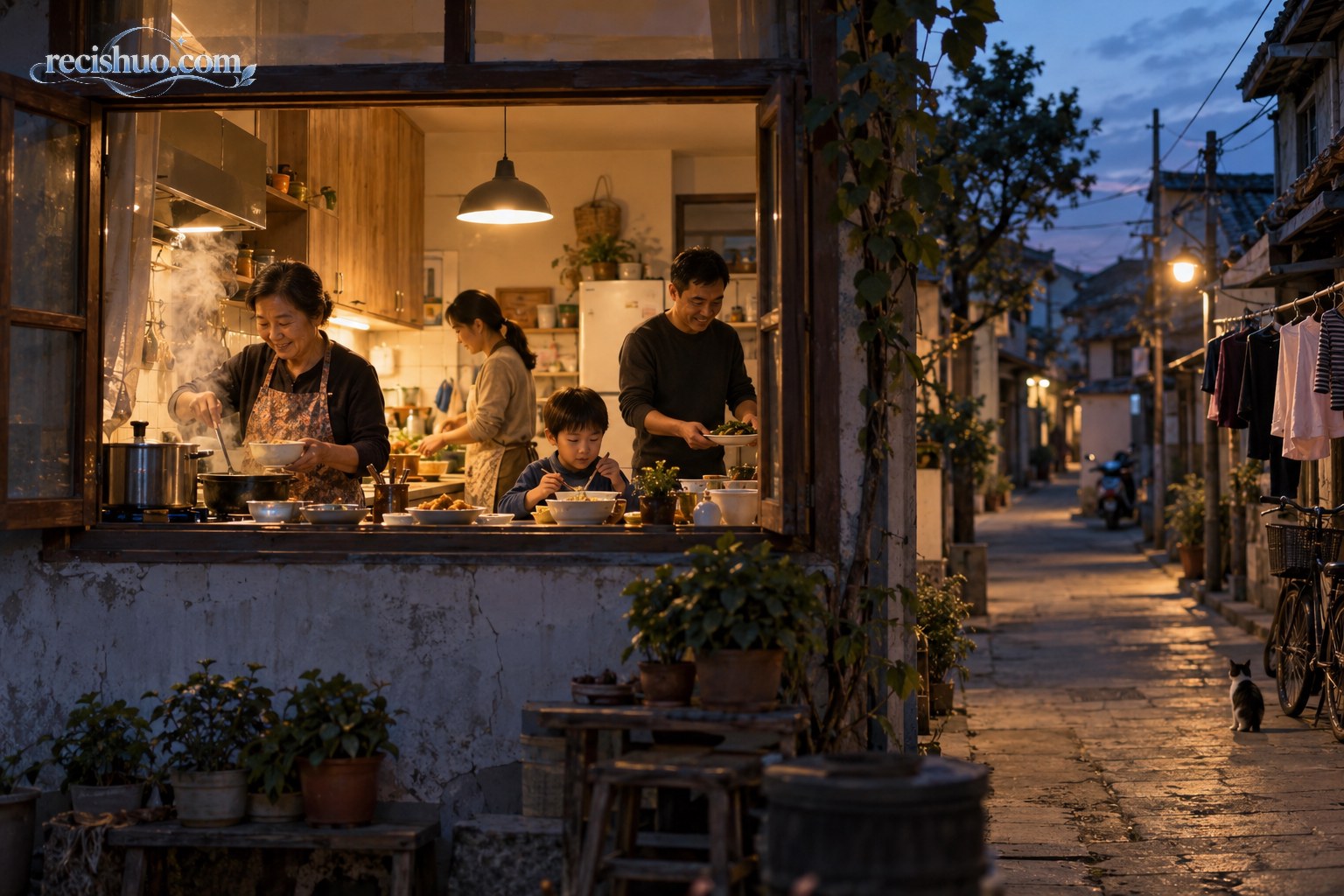 傍晚老街住家的厨房亮起暖灯,一家人在蒸腾热气中准备晚饭