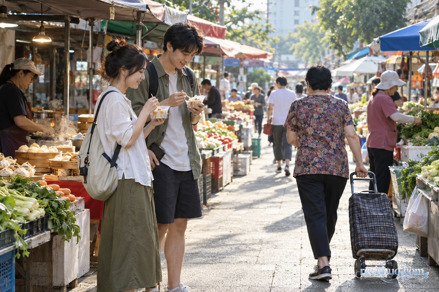 游客靠在摊位一侧品尝小份早餐并为买菜居民留出通道