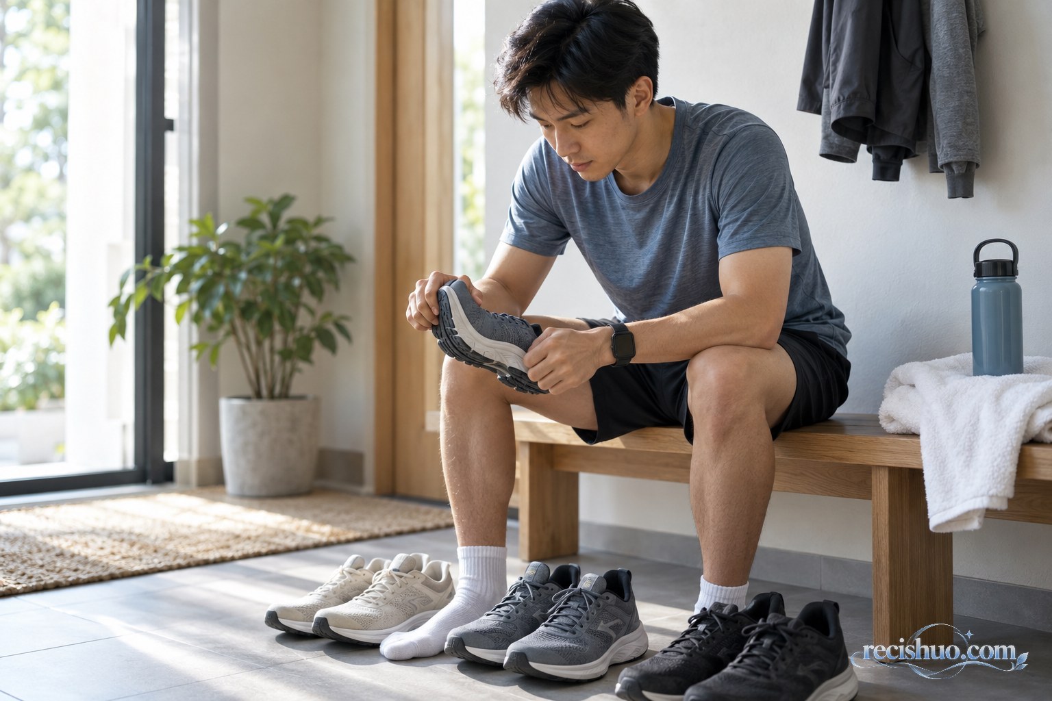 年轻跑者在家中弯折鞋底检查跑鞋性能