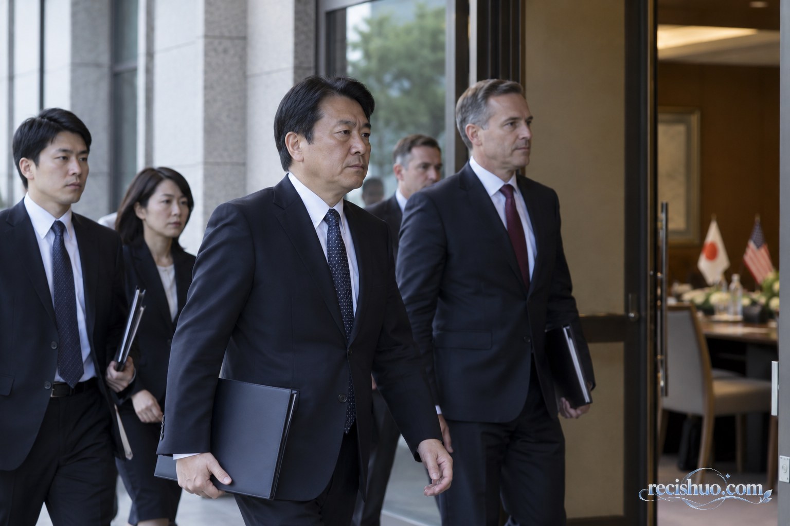 日美外交工作人员携带文件步入正式会谈场所的新闻场景