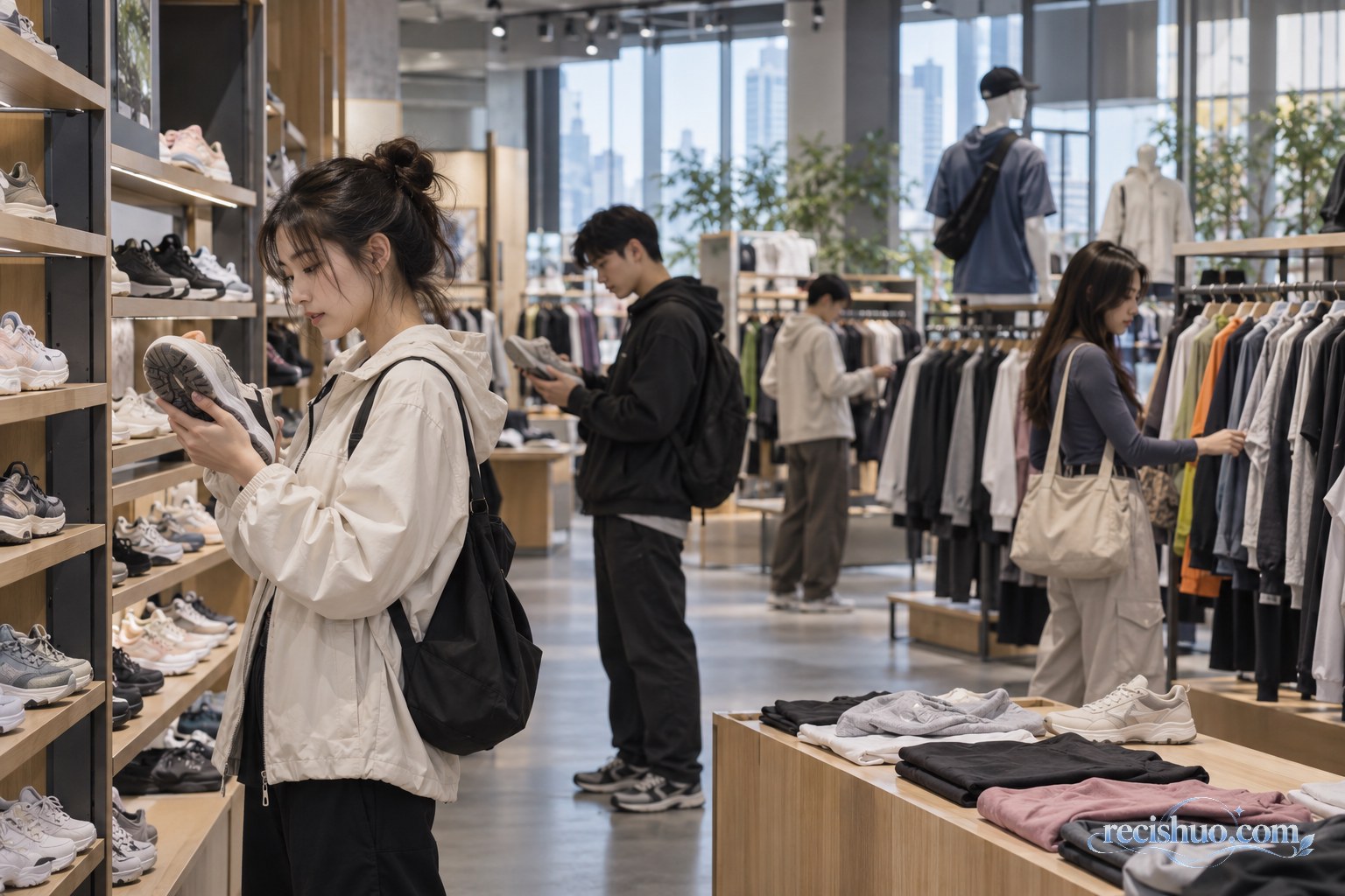 年轻消费者在无品牌运动用品店内比较鞋服产品