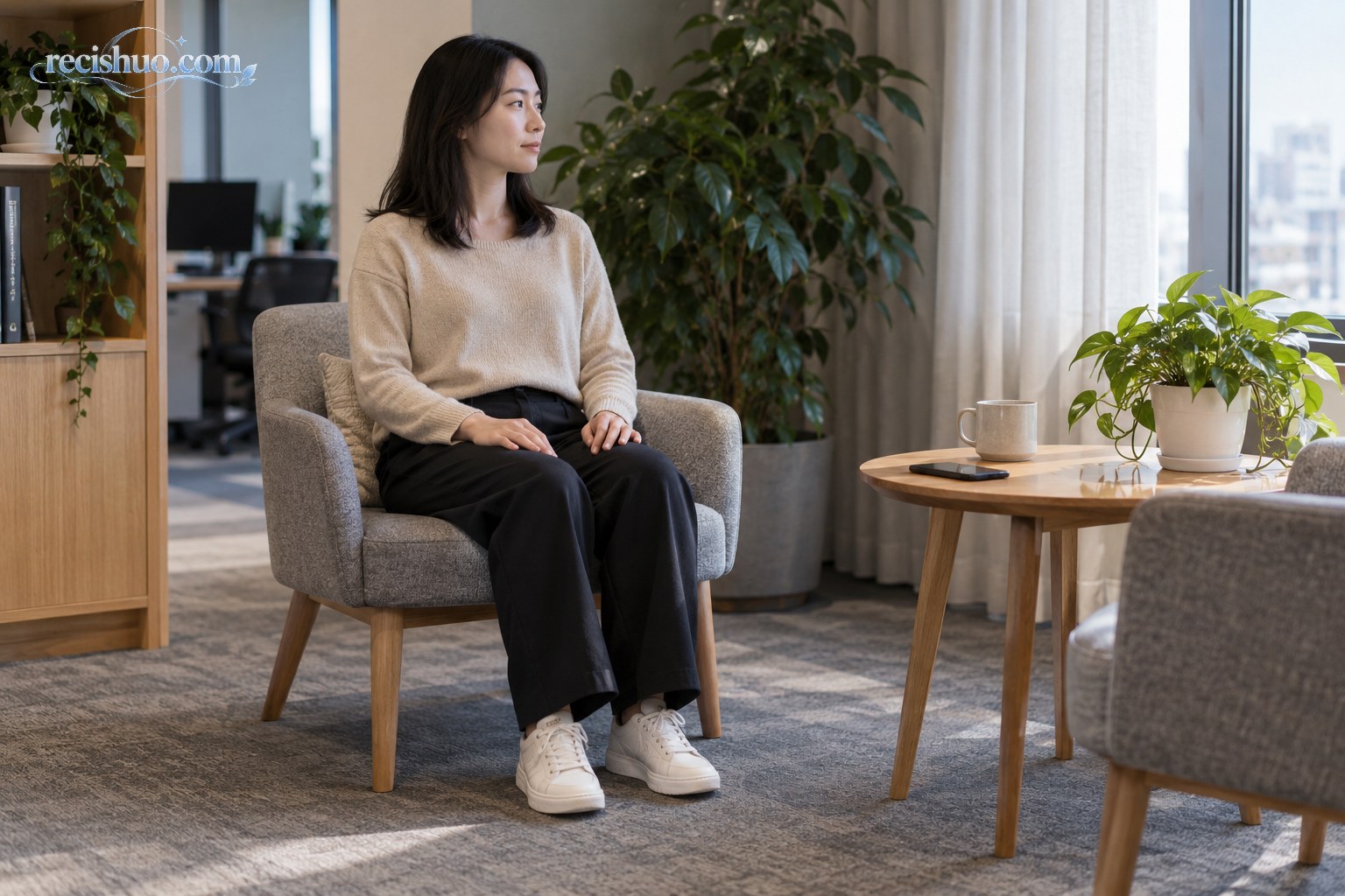女性在办公室休息区双脚踏地,通过观察周围环境进行感官定位练习