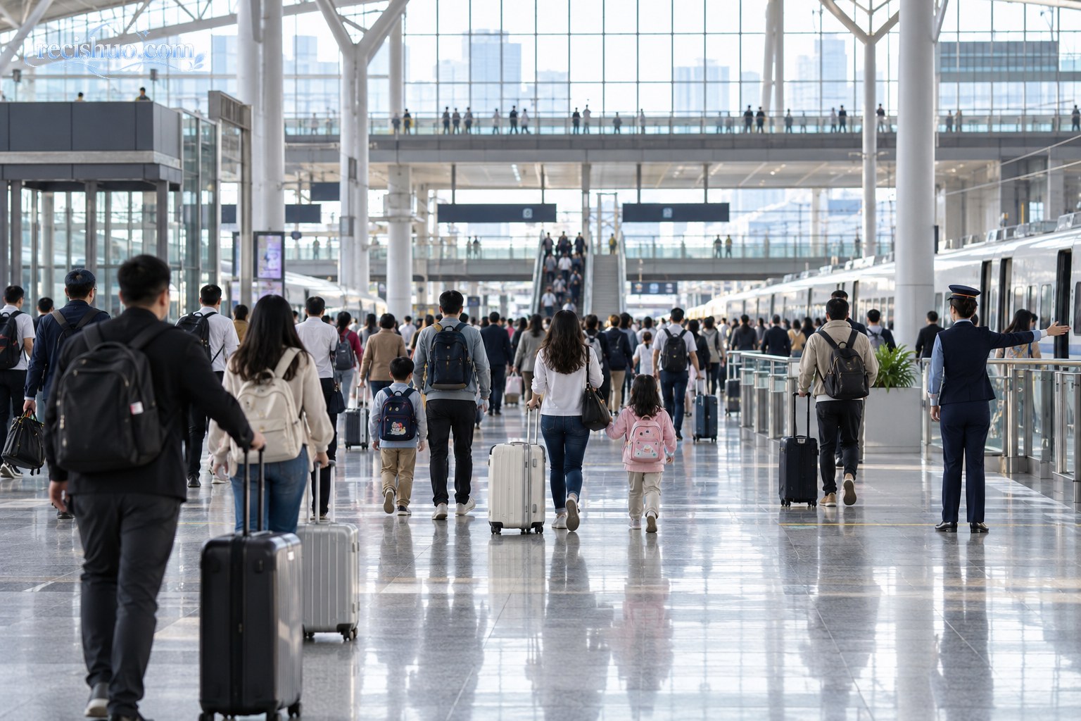 国庆假期旅客携带行李有序通过现代铁路车站站厅
