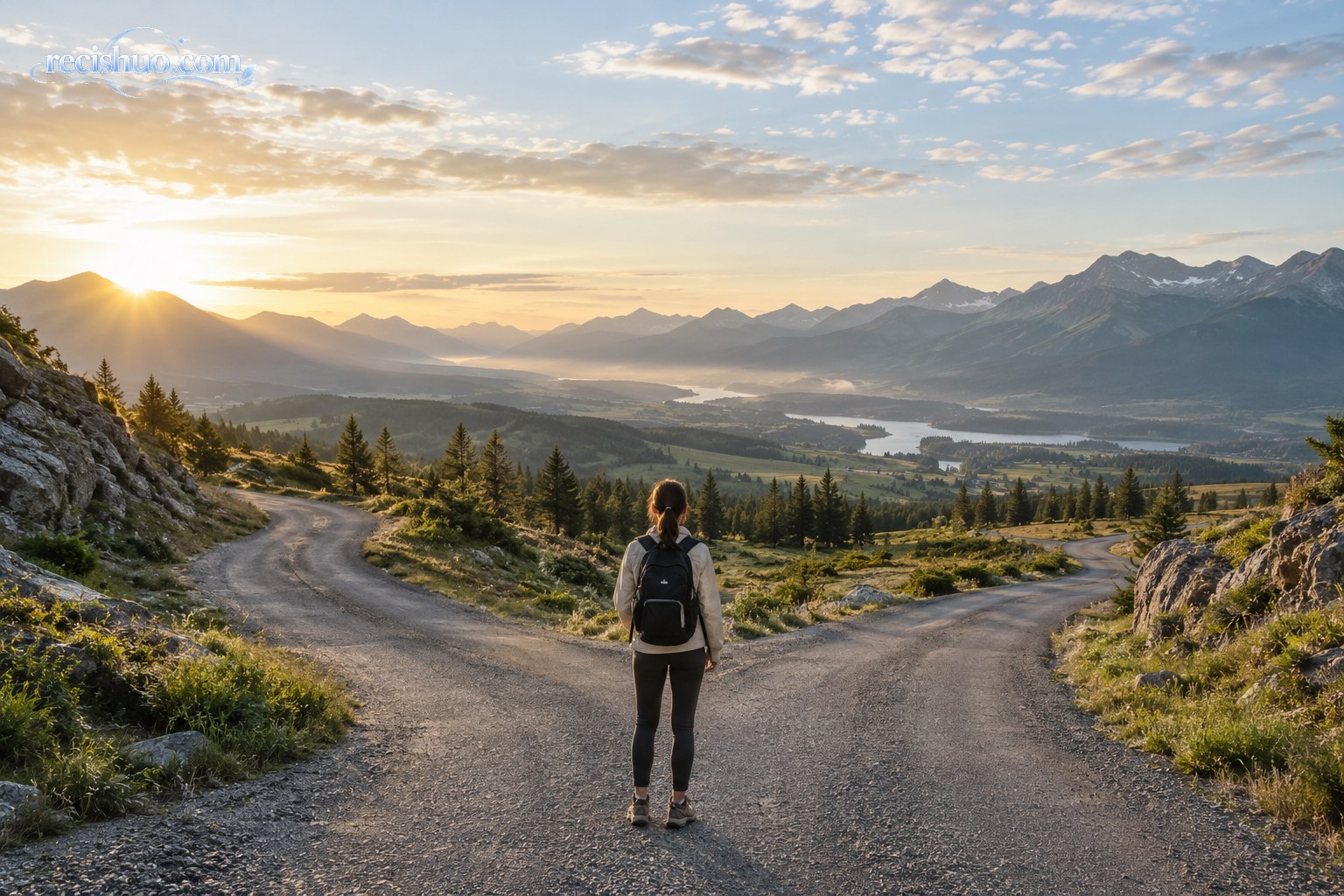 清晨群山间的道路向两侧延伸,一名背包旅行者站在分岔处眺望远方