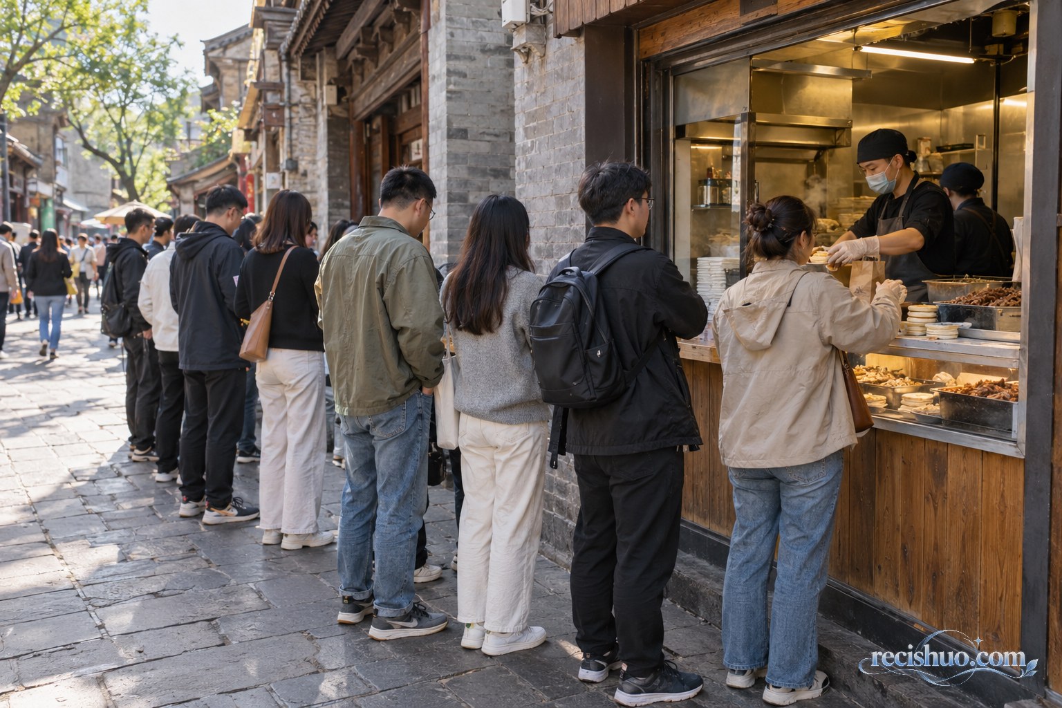 游客在西安街巷肉夹馍店外有序排队等候出餐