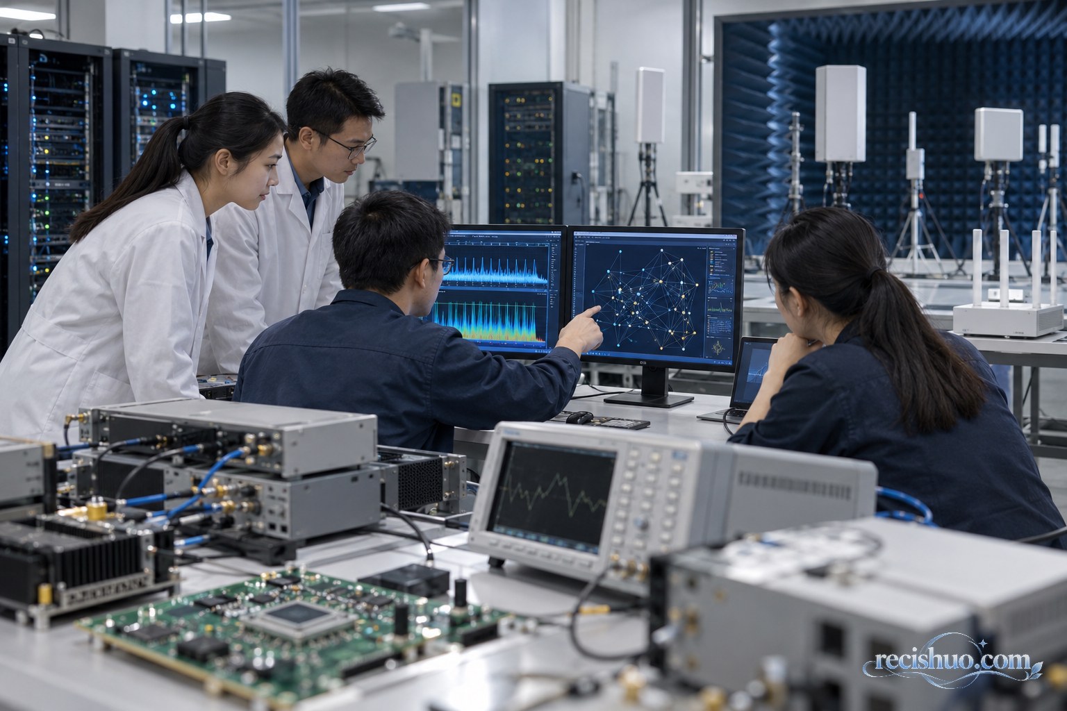工程师在通信实验室查看网络节点和信号波形,周围摆放芯片与测试设备