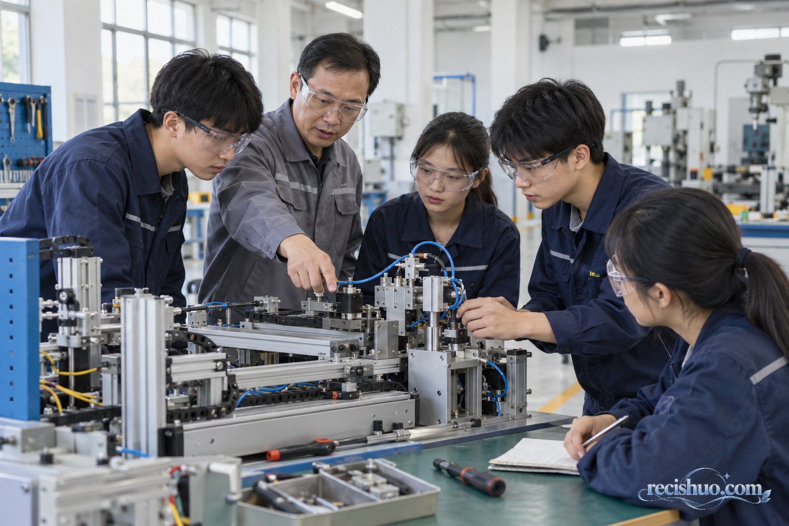 职业技工学校实训课堂上,教师指导学生操作机电训练设备