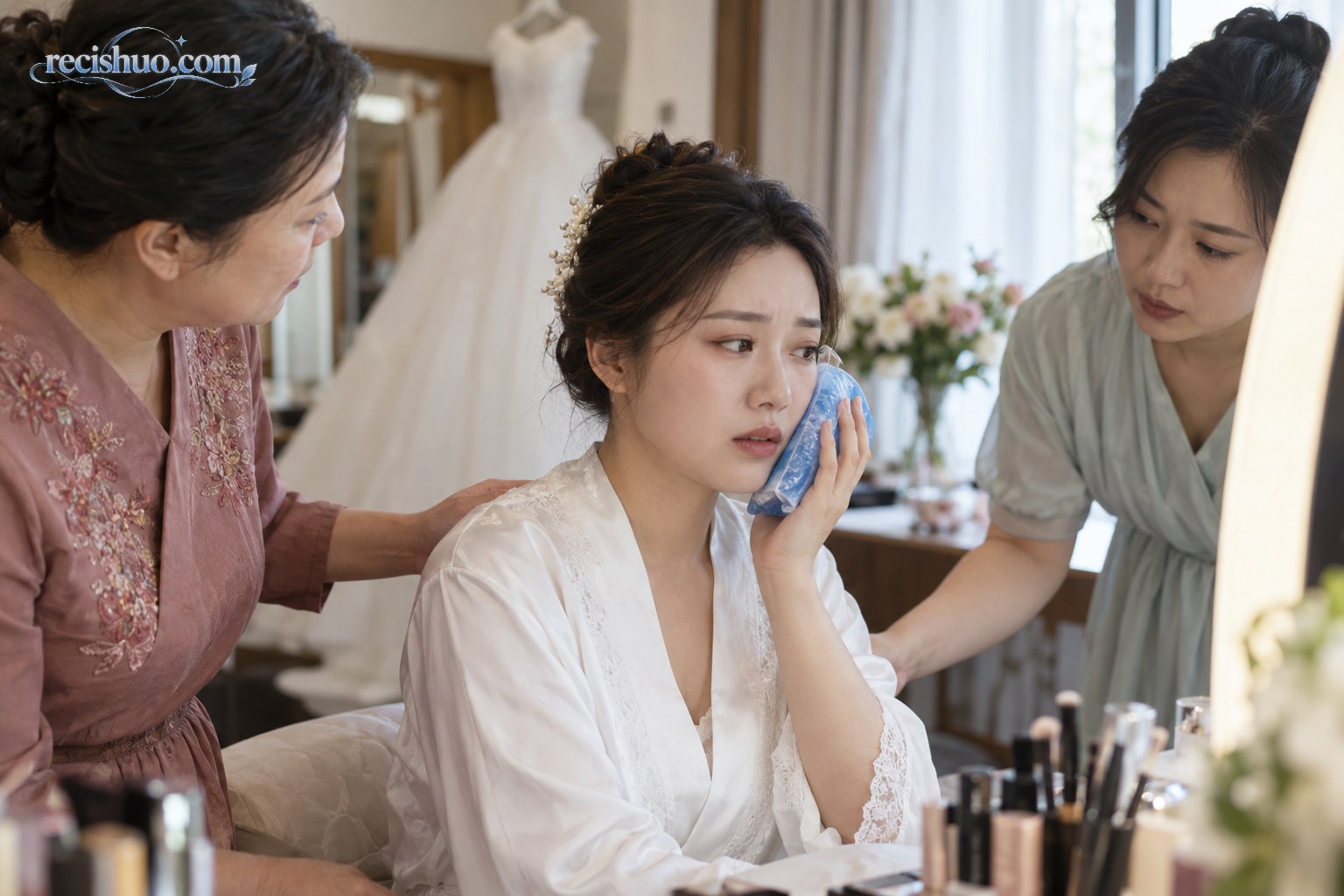 婚礼准备期间一名女子轻敷面颊,家人在旁关切陪伴