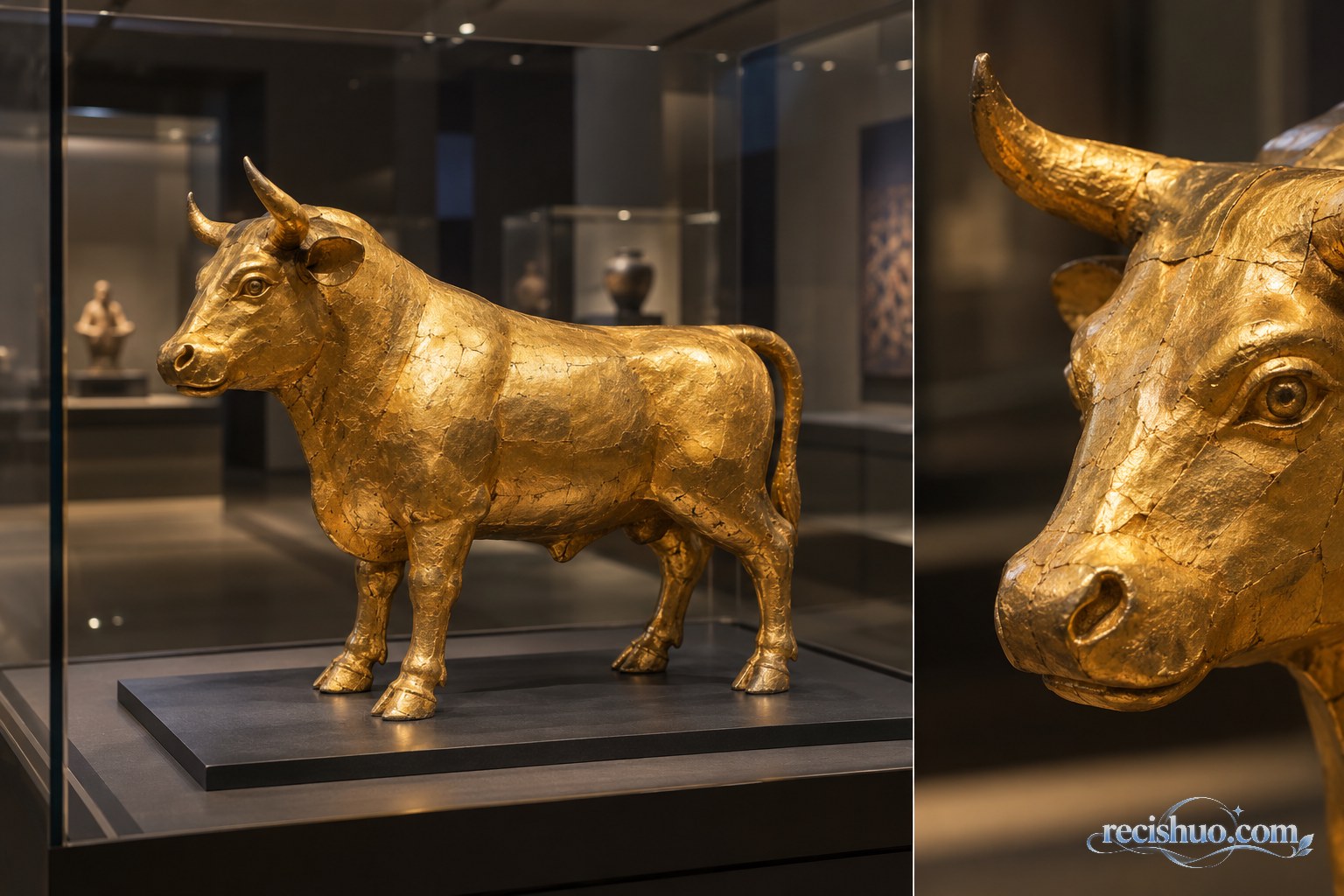博物馆展柜内呈现金箔肌理的金色牛形展品示意图