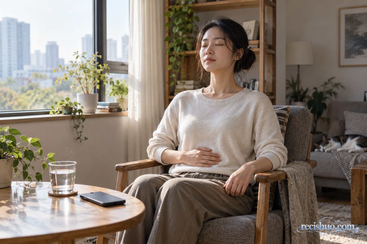 年轻女性坐在窗边座椅上轻按腹部缓慢呼吸,桌上放着温水和倒扣的手机