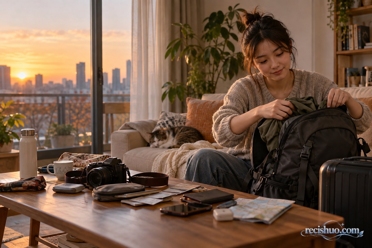 秋日傍晚,一名年轻人在家整理旅行背包和假期物品