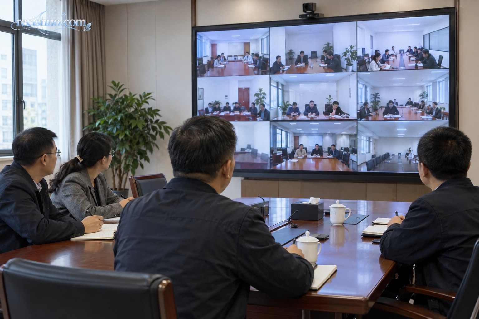 工作人员在会议室通过多画面视频系统核查基层值班情况