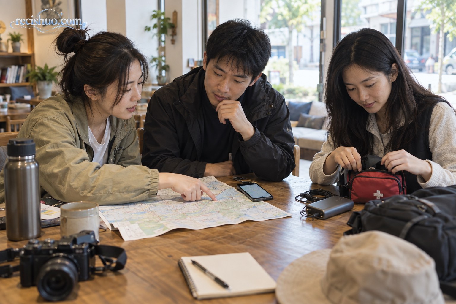 三名旅行者在民宿内共同核对地图并整理应急用品