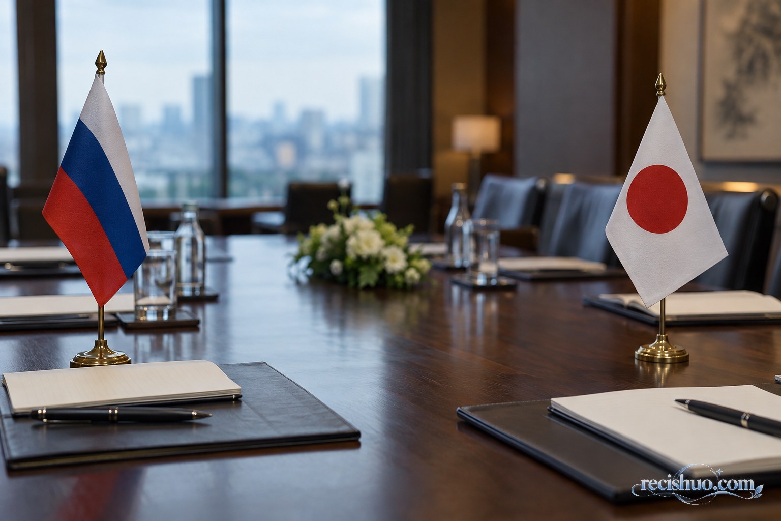 俄罗斯与日本桌旗分列外交会议桌两侧的新闻场景