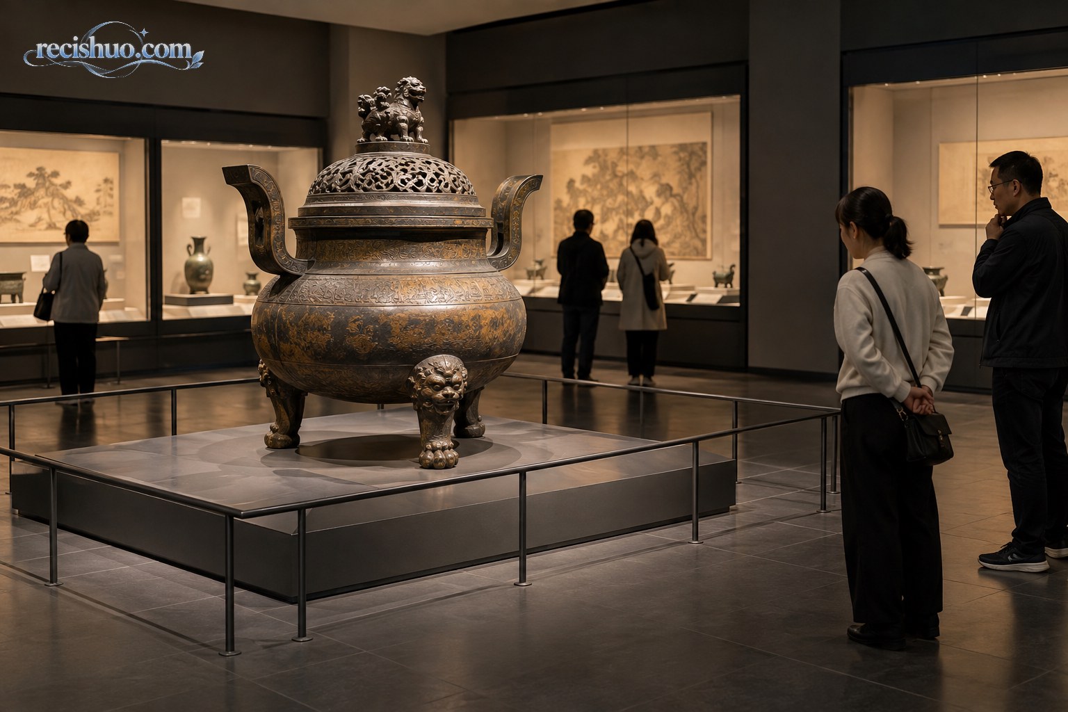 博物馆展厅内的大型古代金属器物由围栏隔开,游客在安全距离外参观