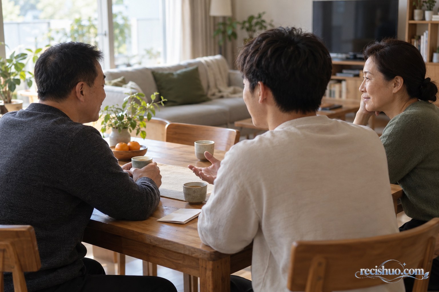 青年与家人在客厅餐桌旁平静交谈