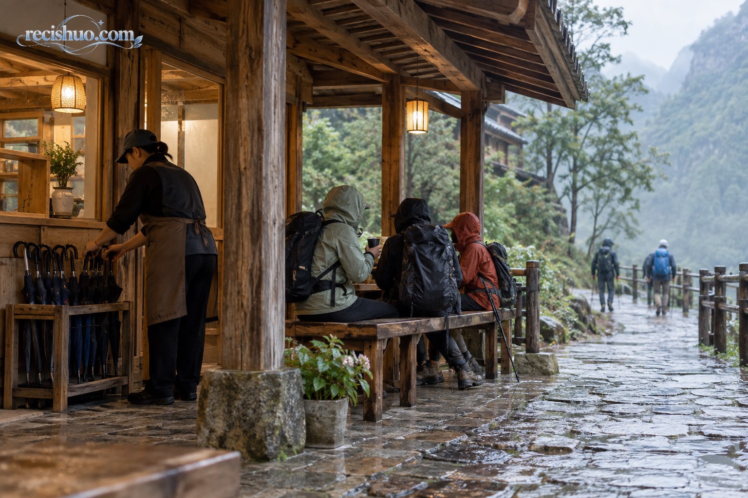 山间服务点内,游客在屋檐下休息,工作人员整理雨伞
