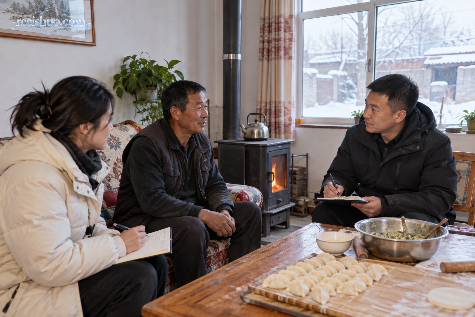 新建农家屋内,村民与走访人员围坐交流生活情况