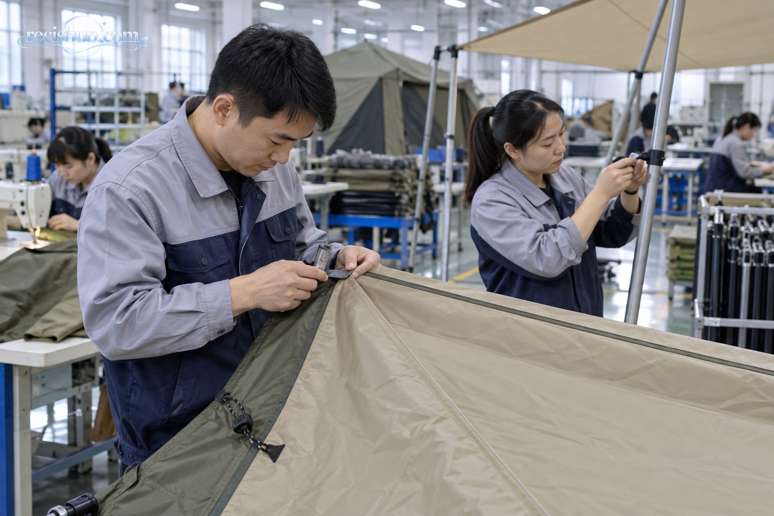 技术人员在户外用品生产线上检查帐篷面料和遮阳棚支架
