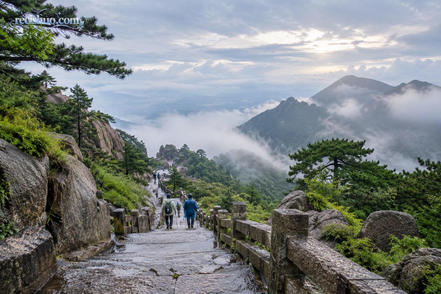 雨后云雾环绕的泰山石阶上,游客有序行走